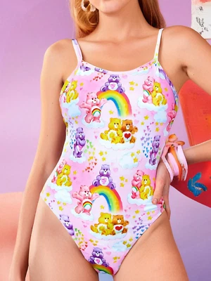 Women's Care Bears Pink Rainbow Kawaii Cute Swimwear Cheeky One Piece Swim Set - Image 1 of 4
