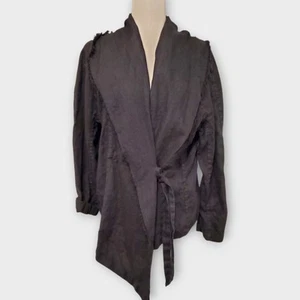 FLAX 100% Linen Asymmetrical Wrap Jacket Small Raw Edge Collar Black Lagenlook - Picture 1 of 12