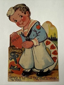 Tarjeta de felicitación de San Valentín vintage mecánica Little Tar Sailor años 30 EE. UU. - Imagen 1 de 4