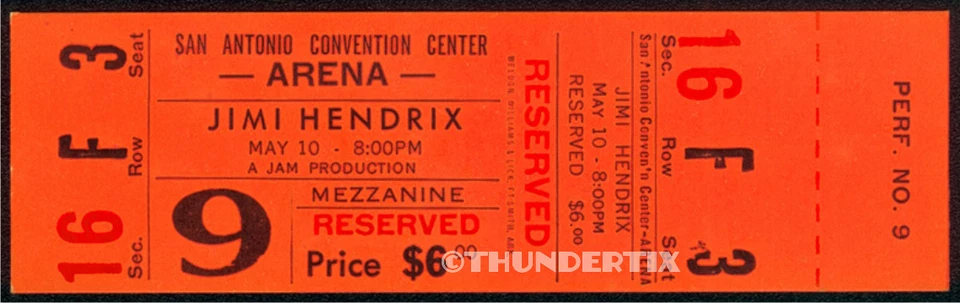 1 1970 JIMI HENDRIX UNUSED FULL TICKET SAN ANTONIO orange laminated reprint  - Image 1 of 1