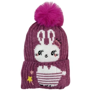 Kids Boys Girls Winter Pom Pom Bunny Warm Knitted Hat Beanie - Fuchsia - Picture 1 of 3
