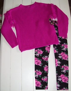 Girls Btween 2 Pc Pink Sweater and Very Soft Black Pink Floral Leggings Outfit 4 - Picture 1 of 4