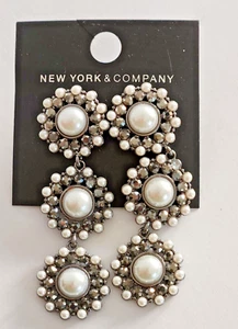 NY & Co Silver Tone Gray Faux Pearl Dangle Earrings w Rhinestones - Picture 1 of 4