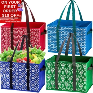 4 Pack Reusable Grocery Bags, Large Shopping Box Tote, Foldable Washable Storage - Picture 1 of 12