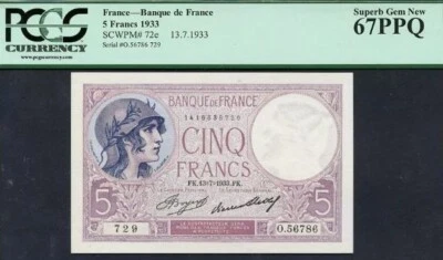 Francia, 5 Francs 1933 PCGS 67 PPQ Superb Gem, Free Shipping EUA - Image 1 of 2