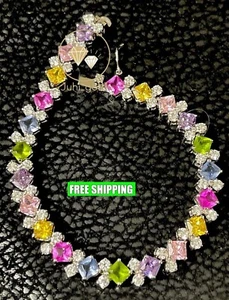 14K White Gold Plated 8CT Princess Simulated Multi Color Diamond Tennis Bracelet - Picture 1 of 9
