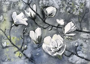 Magnolia in spring, white flowers Original Watercolour Wall Design Black WhiteA4 - Picture 1 of 8