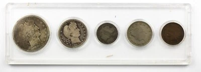 1905 Circulated 5 Coin Birth Year Set - Clear Holder Barber 50C, 25C, 10C, 5C,1C - Image 1 of 2