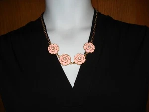 Sparkling 4 Pink Enamel Rhinestone Flowers on 21" GP Paperclip Style Necklace - Picture 1 of 10