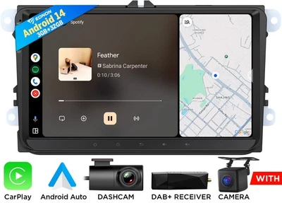 CAM+DVR+DAB+ VWX7 9" IPS Android 14 Autoradio GPS Navi CarPlay Für VW Skoda Seat - Bild 1 von 4