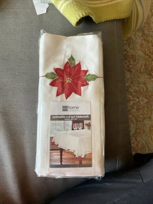 Christmas Poinsettia Cut Out Tablecloth 60 X 84 New Old Stock JCP - Image 1 of 3