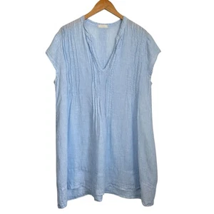 CP Shades Regina 100% Linen Cap Sleeves V Neck Tunic Sz Large Blue Pintucked USA - Picture 1 of 6