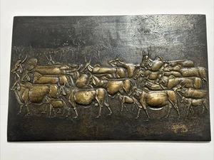 Unique Bronze Metal Sculpture Relief Wall Hanging Plaque CATTLE Signed FMB FARM - Picture 1 of 21