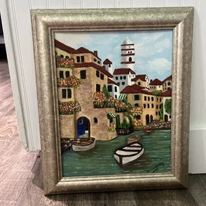 VTG Original Painting By Marcia Keithley 2004 Mediterranean Architecture Seaside - Picture 1 of 12