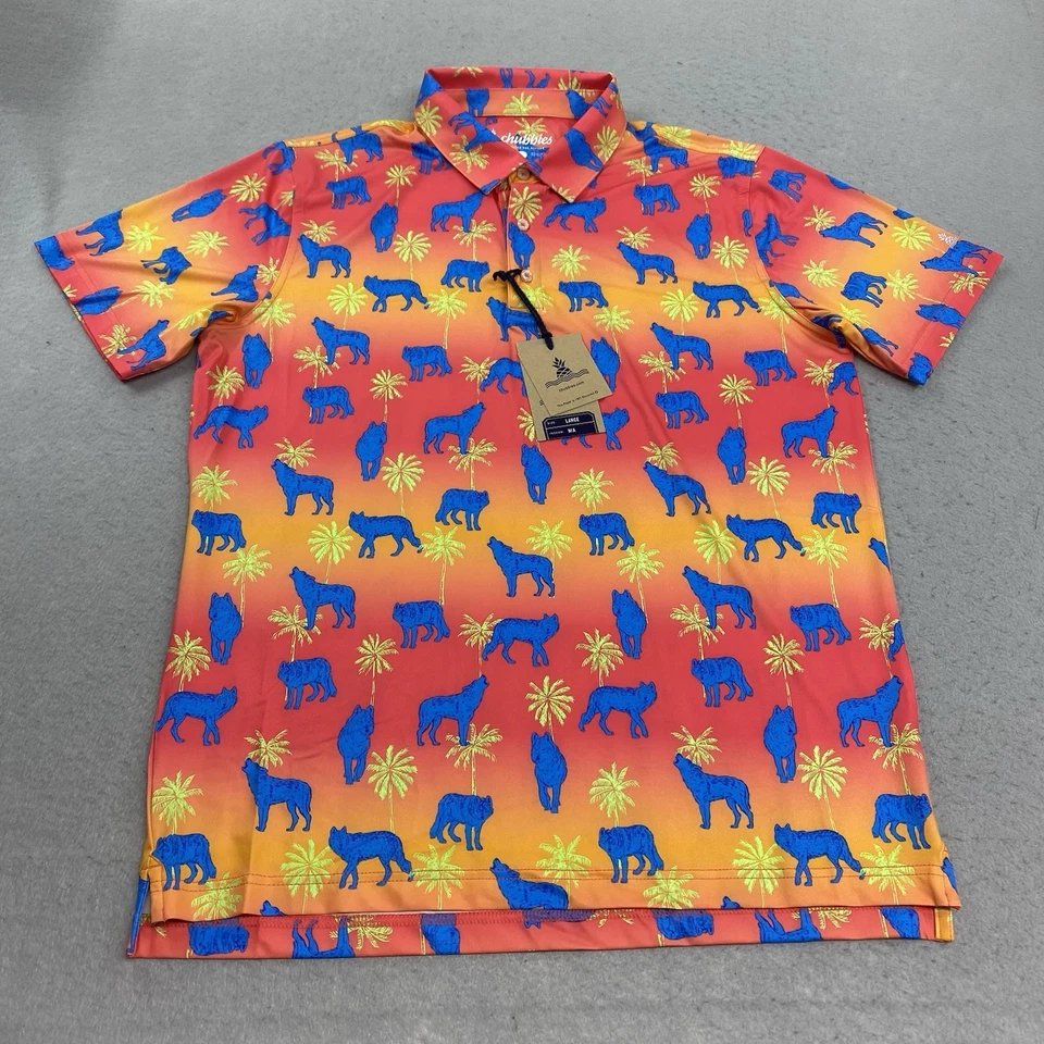 Chubbies Shirt Mens Small Orange Red The Howler Moon Performance Polo 2.0 Wolves