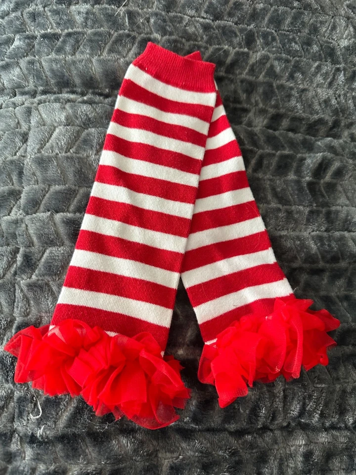 Calentadores de piernas para niñas de encaje rojo y blanco a rayas talla única Foto 1 de 4
