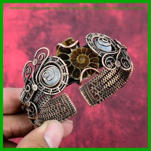 Nuevo brazalete brazalete de cobre con envoltura de alambre de piedra lunar arco iris fósil de amonita natural - Imagen 1 de 6