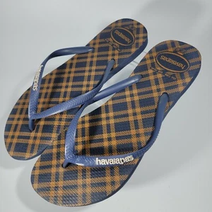 Havaianas Womens 7-8 Flip Flops Sandals Navy Blue And Tan EUC - Picture 1 of 9