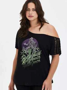 NWT Torrid Beetlejuice Lattice Off-Shoulder Top Slub Black 3X 22-24 Plus - Picture 1 of 4