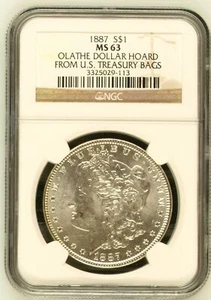 Dólar de plata Morgan 1887 P NGC MS-63 dólar Olathe tesoro de bolsas del Tesoro de Estados Unidos - Imagen 1 de 2