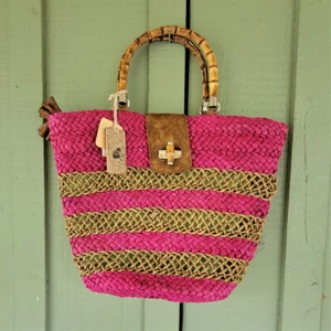 NWT CARIBBEAN JOE Magenta Raffia Bamboo Handle Tote Bag - Picture 1 of 7
