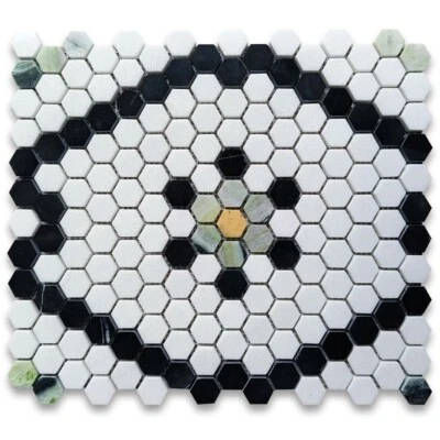 T31F6XP Thassos White Marble Hexagon Historic Snowflake Mosaic Tile Green - Image 1 of 4