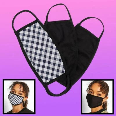 FACE MASKS SET BLACK WHITE PRINTED - 3 MASKS PER PACK - Image 1 of 4