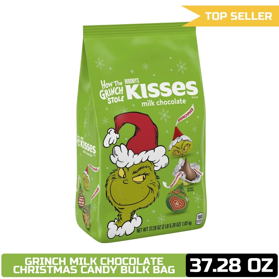 HERSHEY'S KISSES Grinch chocolate con leche, bolsa a granel de dulces de Navidad, 37,28 oz Foto 1 de 4
