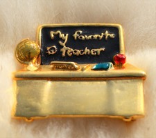 My favorite teacher - gold tone enamel school teachers desk   BROOCH