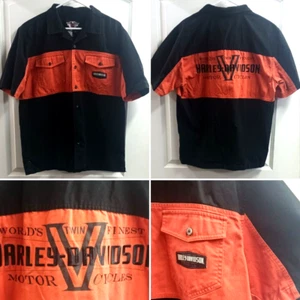 CAMICIA A MANICHE CORTE HARLEY DAVIDSON NERA E ARANCIONE CON BOTTONI GRANDE - Foto 1 di 10