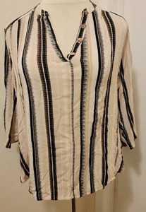 New Directions Top Womens Size 3XL Brown Striped Roll Tab Sleeves - Picture 1 of 4