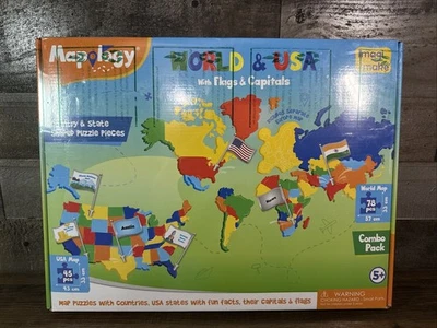 Quebra-cabeça de mapa mapologia / EUA e mundo com bandeiras, capitéis, adesivos / Novo e lacrado - Imagem 1 de 3