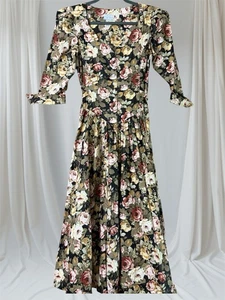 1980's Victorian Roses Yellow Pink Black NWOT Dress by EXPO Size 6 Fitted Tie - Bild 1 von 24