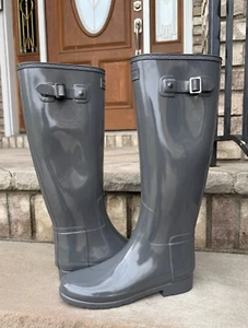 HUNTER ORIGINAL TALL GLOSS BOOTS 8 Women's Outdoor Boot Grey Rain Waterproof - Picture 1 of 17