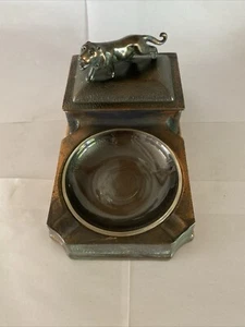 RARE Vintage Copper Ashtray with Cigarette Holder with Lion Figurine 7” - Picture 1 of 15