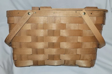 Vintage Basketville Putney Vermont Wooden Weave Hinge Top Wine Picnic Basket Cover