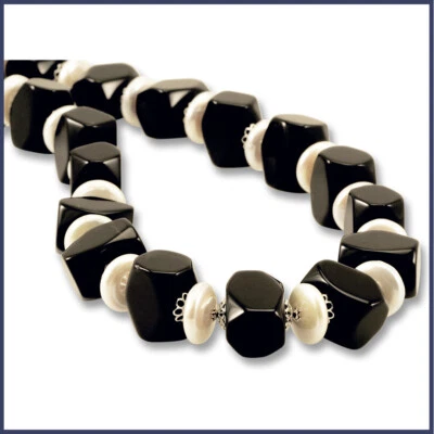 Collana in onice nero e perle pietre dure argento 925 made in italy via condotti - Immagine 1 di 4