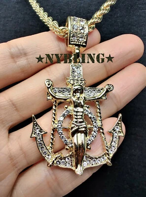 Colgante Ancla Jesús ICED con Cuerda o Cadena Tenis Collar Chapado Circonita Circonita Foto 1 de 4
