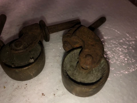 4 vintage brass furniture casters - 1.25” pin & 1” diameter wheel - iron frame Cover