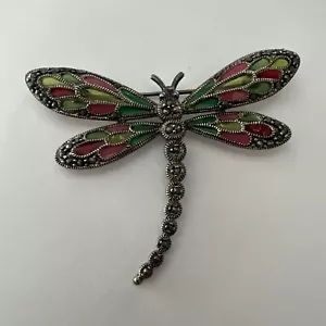 SX Designer 925 Thai Sterling Silber Libelle farbige Emaille & Markasiten Brosche - Bild 1 von 10