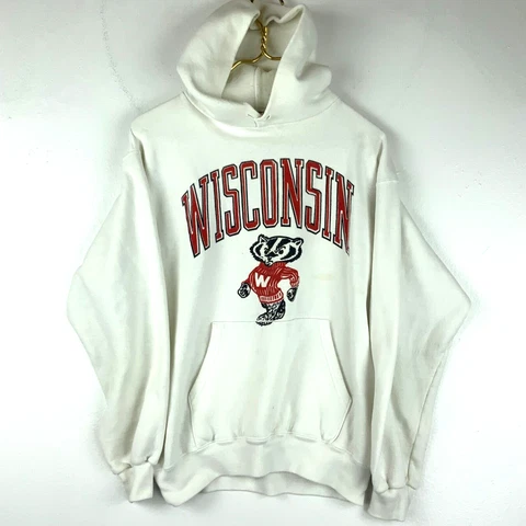 Vintage Wisconsin Badgers Sweatshirt Hoodie Size Large White Ncaa Made in Usa Cover