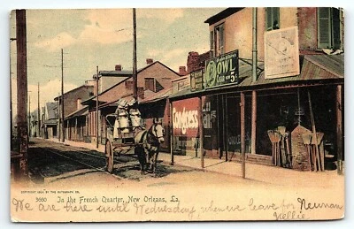 1906 NEW ORLEANS LA FRENCH QUARTER OWL CIGARS SIGN UNDIVIDED POSTCARD P4314 - Image 1 of 2
