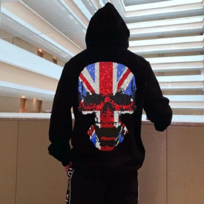 Fashion Skull Rhinestone Hot Drill Diamond Winter Hoodie Men Luxury Sweatshirt - Image 1 of 4