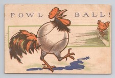 SPORTS Baseball Pun - Anthropomorphic Chicken is a Fowl Ball 1908 Postcard 2B
