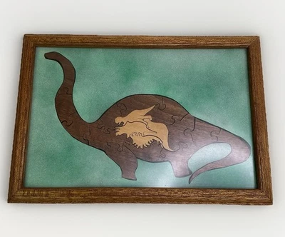 All Handmade Framed Wooden Brontosaurus Puzzle 2- Toned Dinosaur Shapes Ooak - Image 1 of 4