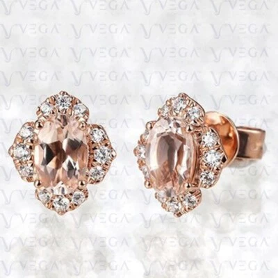 Pendiente de morganita natural y diamantes de corte ovalado de 4,50 quilates de oro rosa macizo de 14 K Foto 1 de 4