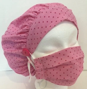 Pink Polka Dot Adjustable Scrub Cap with Buttons and Mask Surgery Hat - Picture 1 of 4