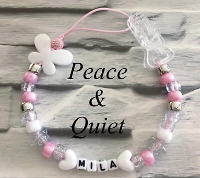 PEACE & QUIET Personalised Dummy Clip💎christening💎Dummy Chain💎white💎glitter💎Pink💎 #PPP