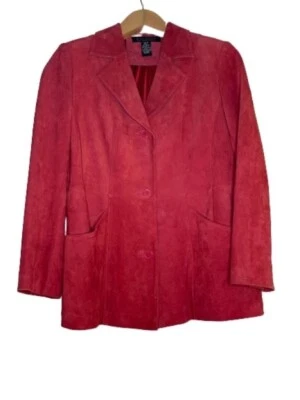 Dialogue Suede Jacket Womens M Red Pink Blazer Button Pockets Notch Lapel Lined - Image 1 of 4