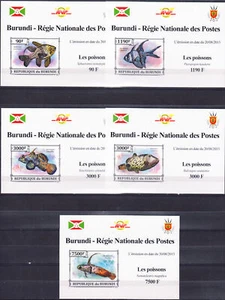 W BURUNDI 1383a-d+1408 DLv FISHES DE UXE IMPERFORATED SOUVENIR SHEETS - Picture 1 of 1
